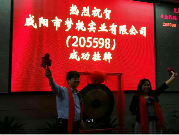 咸陽市市政府副秘書長、市金融辦主任張榮輝與公司董事長彭嵐女士為公司上市儀式敲響第一鑼